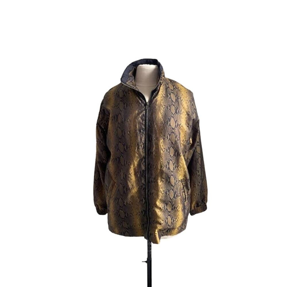 💎 VINTAGE 90s Snakeskin Windbreaker Jacket Brown Womens Sz Medium Full Zip